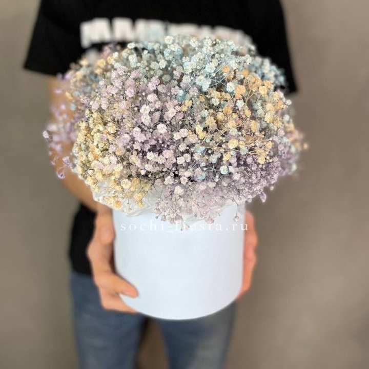 9 Радужных гипсофил в шляпной коробке в Ставрополи